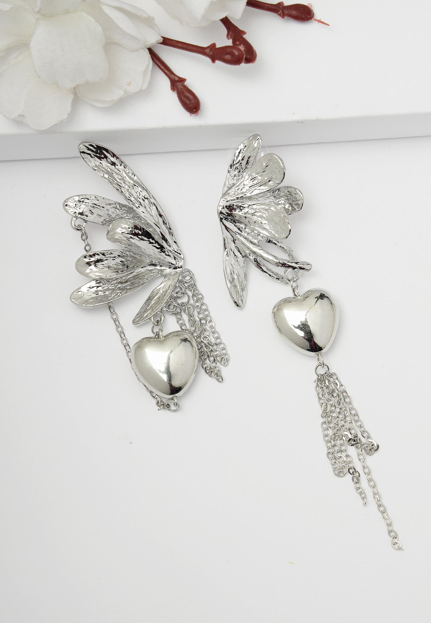 Boucles d'oreilles coeur papillon argent dépareillées