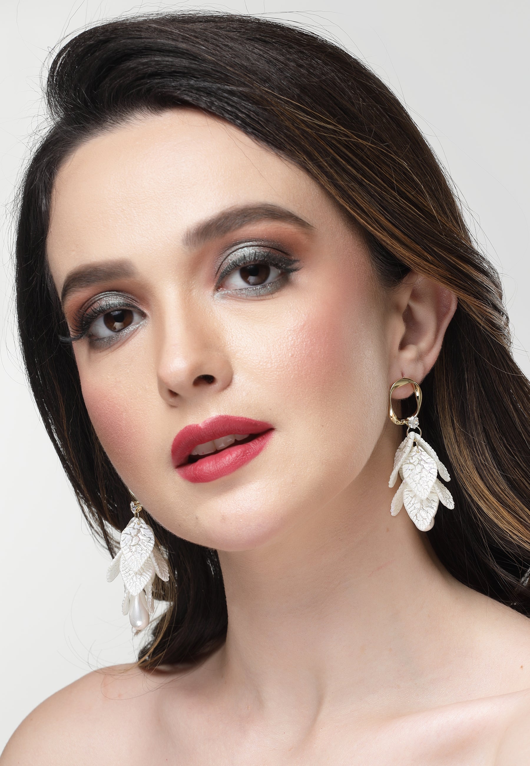 Cascading White Leaf Dangle Earrings