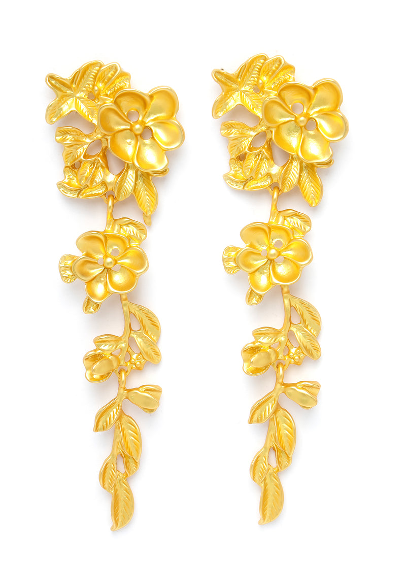 Gold-Coloured Floral Long Earrings