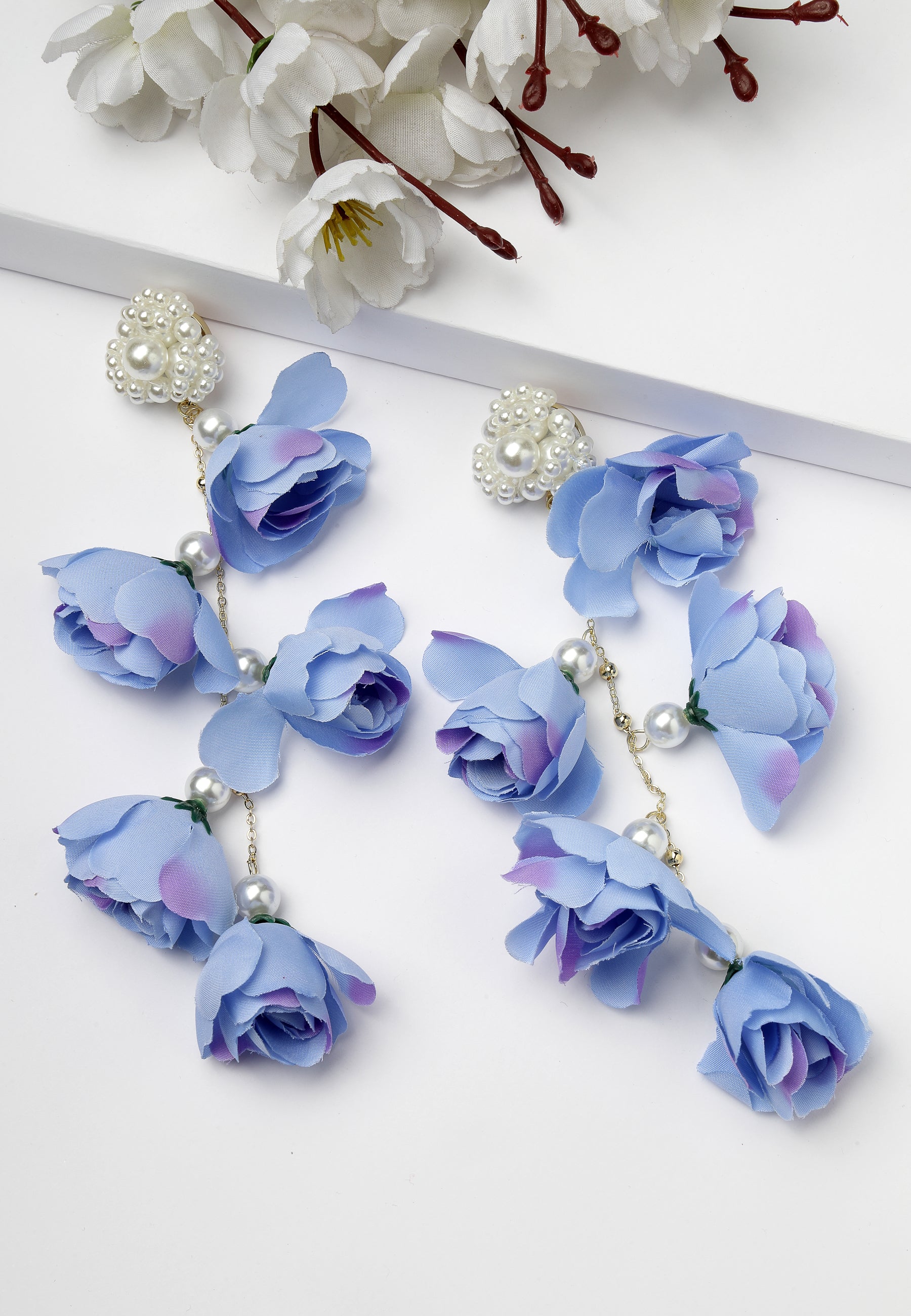 Blue Rose Shaped Flowy Earrings