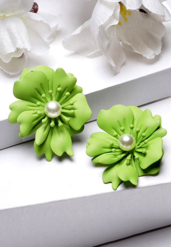 Floral Pearl Stud Earrings In Matcha Green