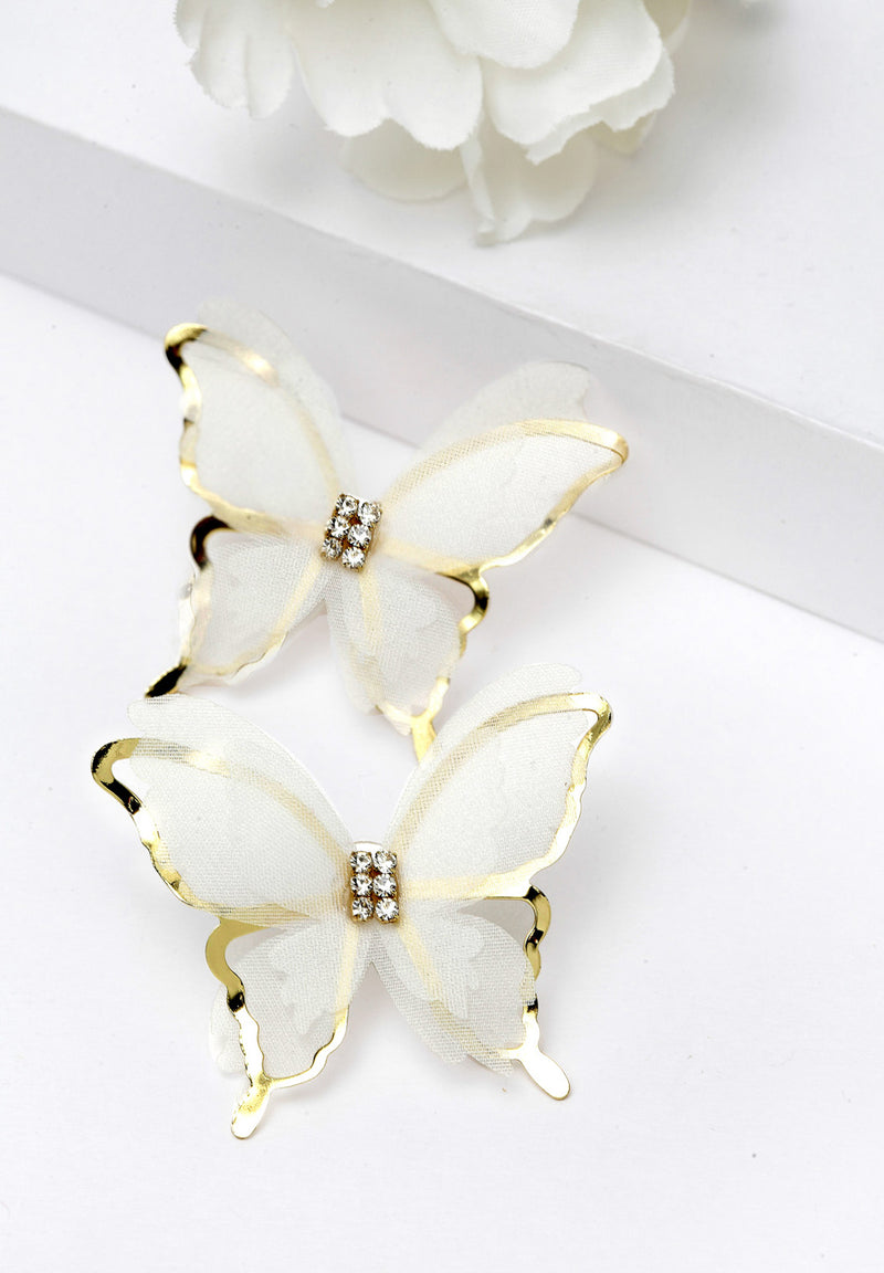 Gold & White Butterfly Crystal Stud Earrings