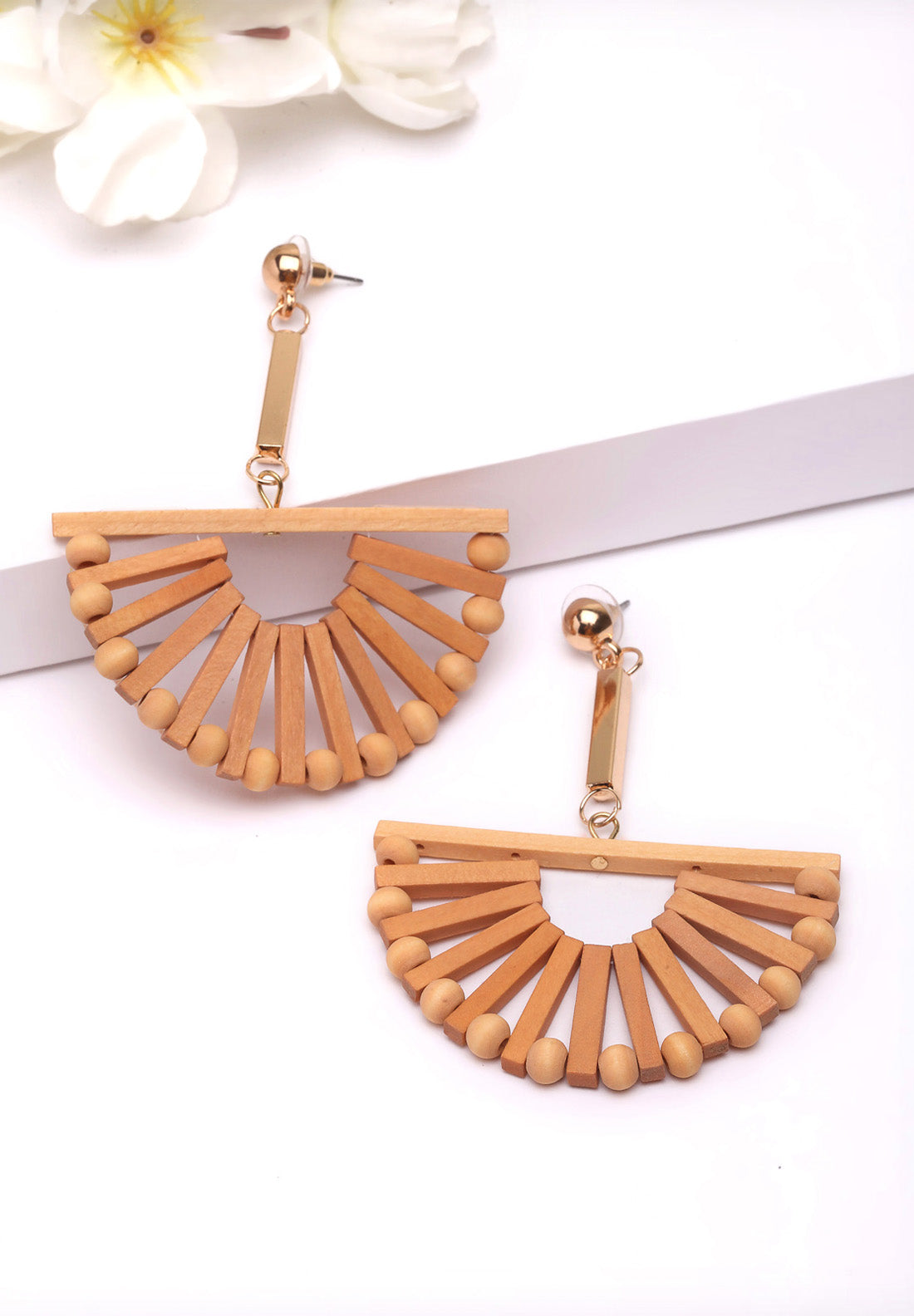 Beige Geometric Wooden Hanging Earrings